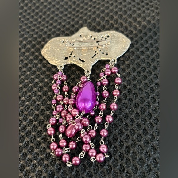 Goth Style Ornate Purple and Pink Gemstone Brooch with Filigree Design - Picture 3 of 8